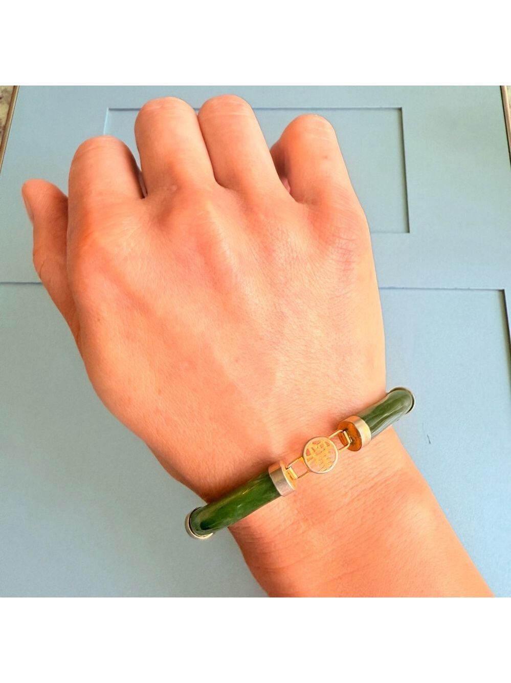 4 Lucky Wishes Natural Green Jade Nephrite Gold Tone Link Vintage Bracelet - Picture 3 of 9